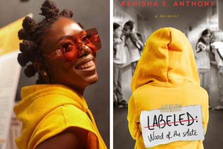 Photo of Kenisha Scott and the cover of her memoir book Labeled: Ward of the State with her back turned in a yellow hoody with the title on a piece of paper taped to her back on the cover.