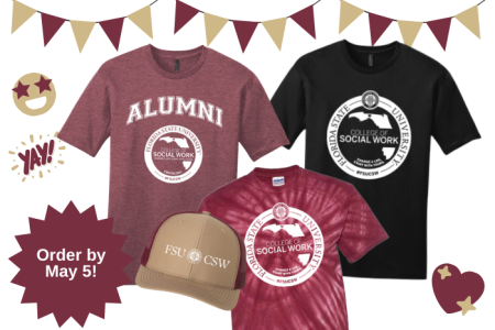 Photo of College of Social Work tshirts for sale including a garnet alumni shirt, black shirt and tie dye shirt and a trucker hat order by May 5, 2024