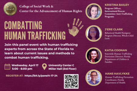 Flyer Graphic for Combatting Human Trafficking with pictures of the panelists.