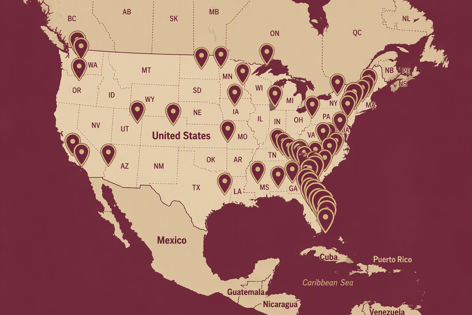 Map of the Continental United States with indicators across indicated current field placement location