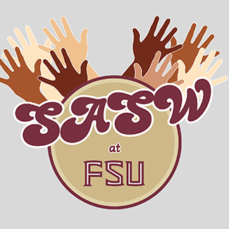 Student Association of Social Workers at FSU logo. A gold circular emblem outlined in garnet is centered on a light gray background. The large text “SASW” appears across the upper portion of the circle in garnet with a white outline. Below it, smaller text reads “at,” and “FSU” appears near the bottom of the circle. Behind the circle, multiple raised hands extend upward and outward from both sides, creating a semicircle around the logo. The hands overlap and vary in color, symbolizing community involvement, collaboration, and student engagement. The design uses Florida State University’s garnet and gold color palette.