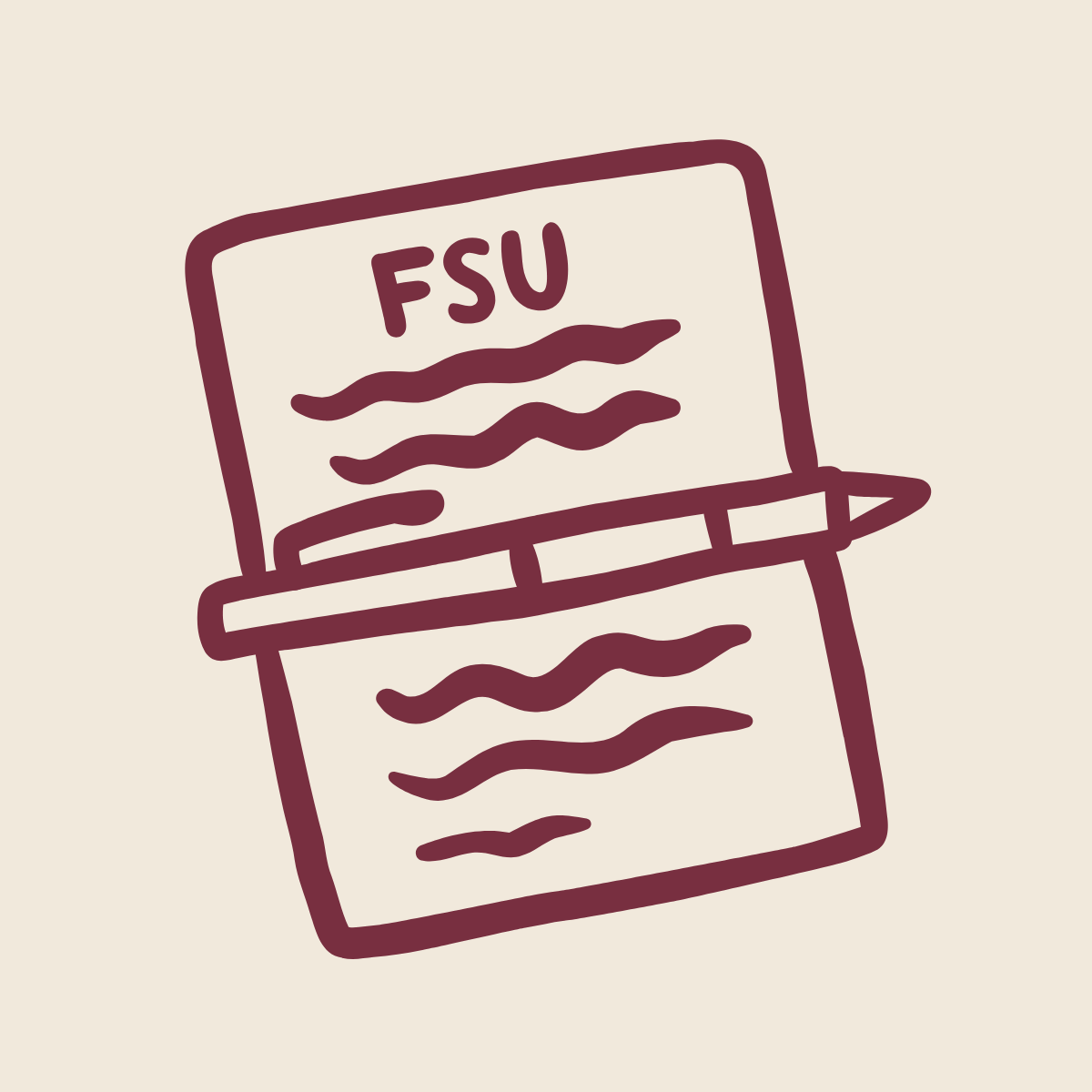"Hand drawn icon of a piece of paper with the letters 'FSU' written at the top with scribbled writing on it and a pen on top"