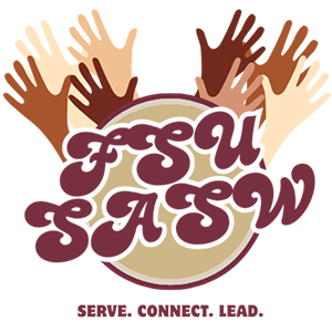 "Student Association of Social Workers logo with the letters SASW surrounded by raised hands in varying skin shades."