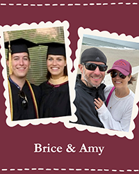 "Side by side photos of Brice and Amy Overcash as students in their FSU graduation regalia and a picture together from 2026 on the beach wearing sunglasses."