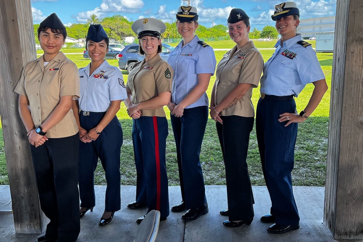 "Dybalski with fellow female senior enlisted leaders at JIATF-S during a retirement ceremony honoring a Marine officer."