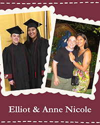 "Side by side photos of Elliot Schmidt and Anne Nicole de la Cruz as students in their graduation regalia and a photo from 2026 posing together."
