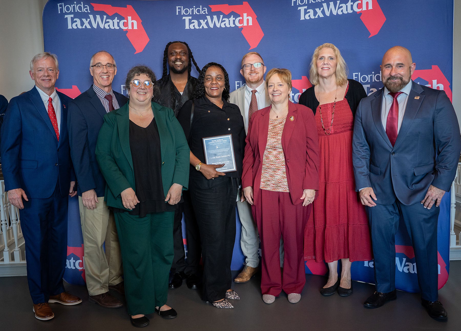 Members of FSU Facilities, FSU Procurement, University Business Administrators and the FSU Research Foundation accept a 2026 Florida TaxWatch Government Productivity Award. (Florida TaxWatch)