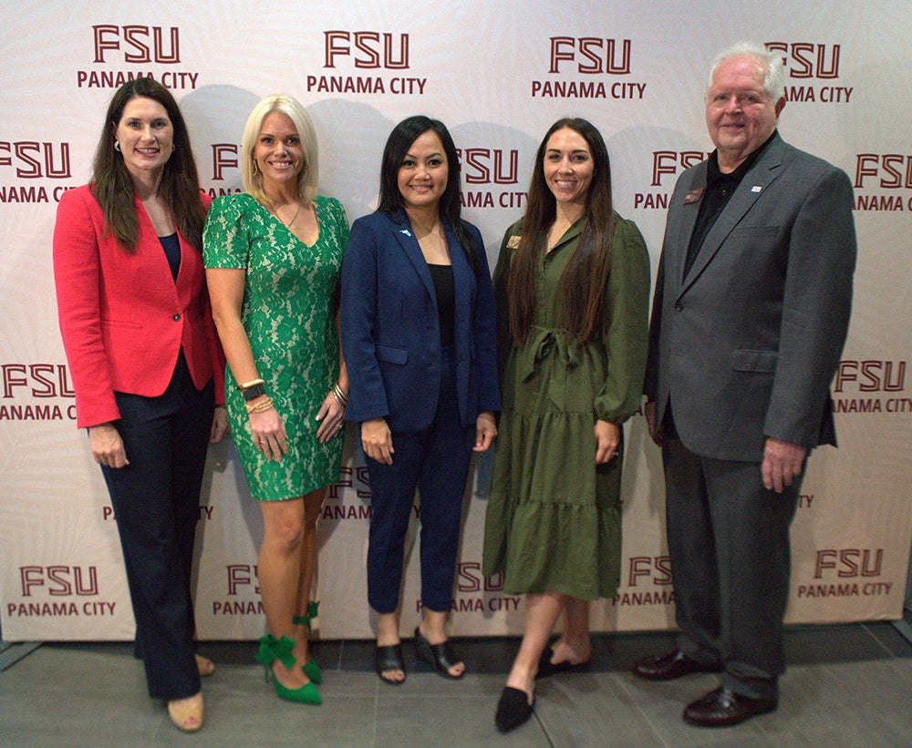 "Leslie Moland, Ashley Saba & Hong Ptomski (Florida Blue); FSU Panama City Director of Development Katie Sowell and Dean Randy Hanna"