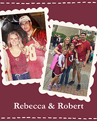 "Side by side photos of Rebecca and Robert Harter of one photo of them as students in FSU gear and another photo of them with their three children all in FSU apparel."