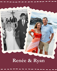 "Side by side photos of Renee and Ryan on their wedding day and posed together in 2026 on a beach."