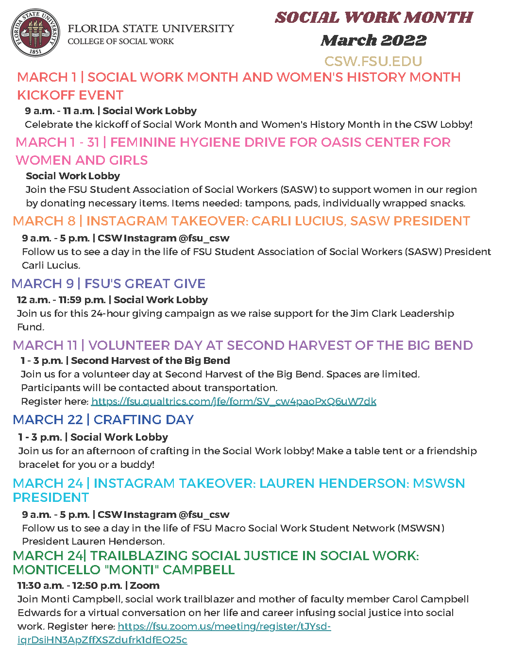 "Social Work Month Calendar Flyer"