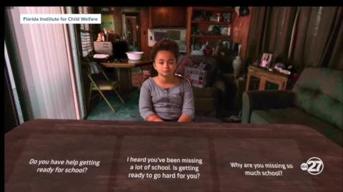 Photo of a virtual reality interface where social work students can develop skills in child welfare working with virtual case management scenarios. This one features talking to a little girl and asking her question about school.