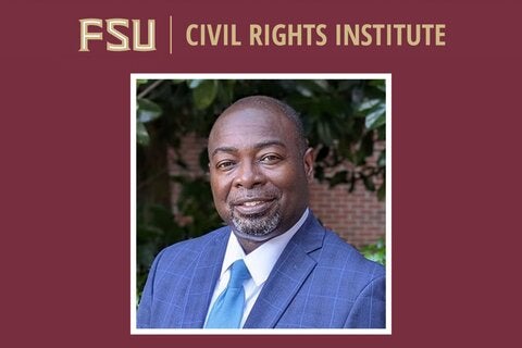 Headshot of the FSU Civil Rights Institute interim director Keithen Mathis framed in garnet with the FSU Civil Rights Institute logo.