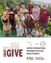 FSU's Great Give graphic with a photo of students participating in Alternative Spring Break in Grenada.