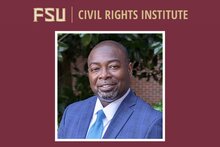 Headshot of the FSU Civil Rights Institute interim director Keithen Mathis framed in garnet with the FSU Civil Rights Institute logo.