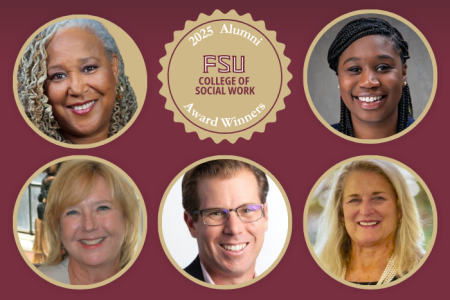 Florida State University 2025 Alumni Award Winners including photos of Doby Flowers, Oluremi Abiodun, Karen Sowers, Matthew Clapps and Gwynn Virostek
