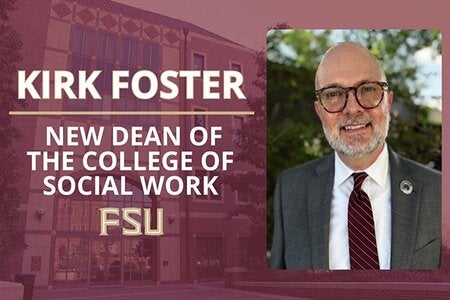 Maroon FSU banner with campus building background and a headshot of a person in a suit and glasses. Text reads: “Kirk Foster – New Dean of the College of Social Work – FSU.”