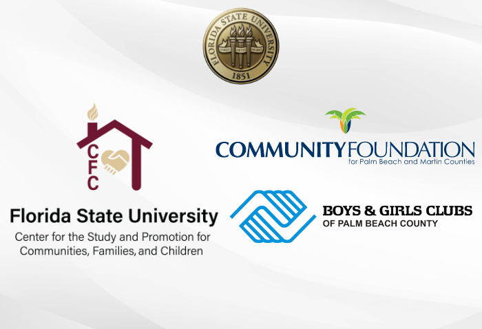 Logos for the Florida State University Center for the Study and Promotion of Communities, Families and Children, the Community foundation of Palm Beach and Martin Counties and the Boys and Girls Club of Palm Beach County. 
