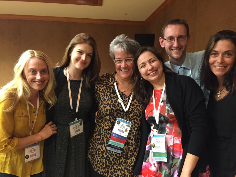 "From left to right: VCU social work doctoral alumni with Professor Kia J. Bentley, PhD: Jenny Crowell Thompson (PhD 2007), Jen Keast Charles (PhD2015), Dr. Bentley, Rachel Casey (MSW 2012, PhD 2018), Cory Cummings (PhD 2017) and Mel Bellin (MSW 1998,  PhD 2006)."