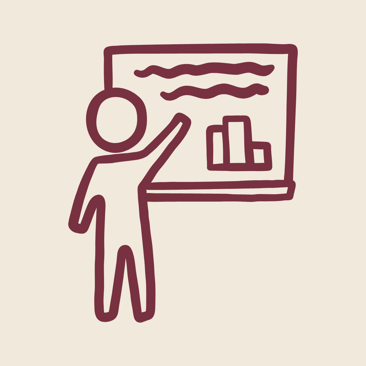 "Outline graphic of a stick figure making a presentation of statistics on a display board"
