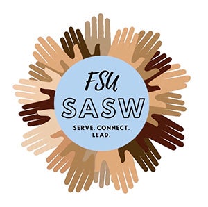 Logo for the Florida State University Student Association of Social Workers consisting of overlapping multicolored hands.