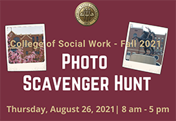 "Photo Scavenger Hunt on Thursday, August 26 from 8 am to 5 pm and graphic of photos of the stadium and the Unconquered Statue of Chief Osceola on a rearing horse."