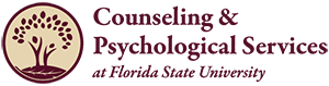 "Counseling and Psychological Services at Florida State University logo with an circular image of a tree on top of a feather"