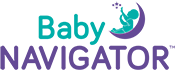 "Photo of logo for Baby Navigator logo with a picture of a baby sitting on a crescent moon playing with a handful of stars"
