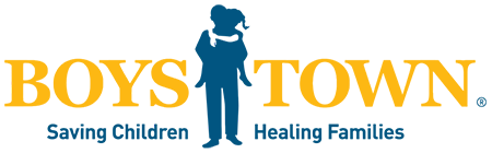 "Boys Town logo of a shadow of an adult carrying a child with the tagline Saving Children, Healing Families."
