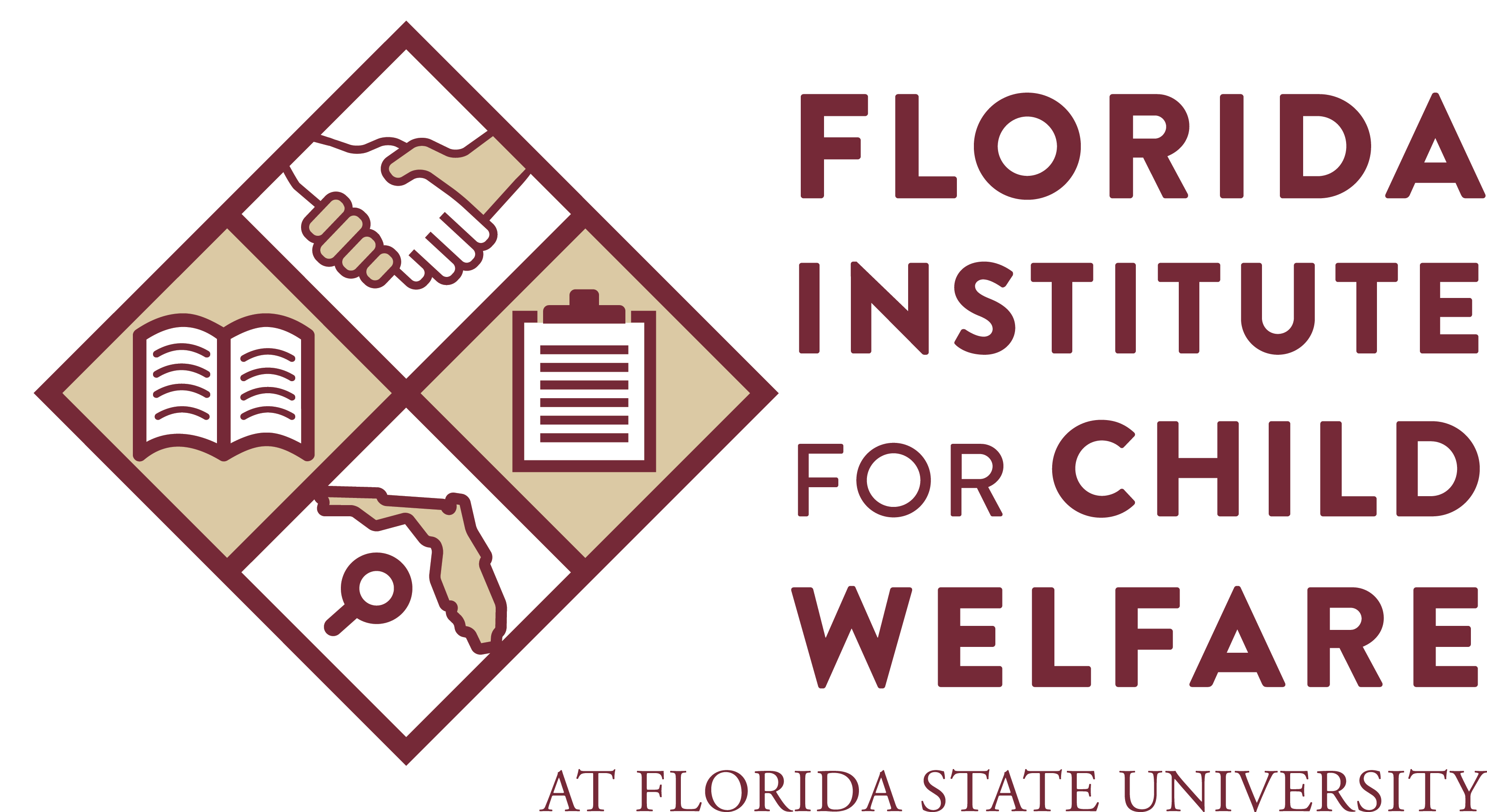 "Logo for the Florida Institute for Child Welfare at Florida State University with a logo of a clip board, open book, shaking hands and the state of Florida "