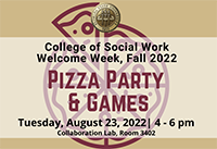 "Pizza Party and Games on August 23rd from 4-6 pm flyer with an image of a pizza. "