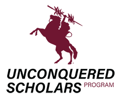 "Unconquered Scholars Program logo with a silhouette of Chief Osceola holding a feathered spear and riding Renegade the horse who is reared on his hind legs ."