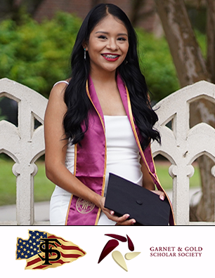 Trinidad Pascual posing with mortar cap sitting on a bench with the logos for the Garnet and Gold Scholars Society and FSU Student Veteran Center