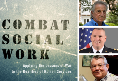 Combat Social Work book cover with pictures of the authors Dr. Charles Figley and Dr. Jeffrey Yarvis and Dr. Bruce Thyer.