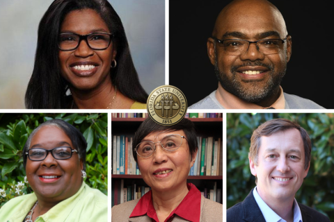 Pictures of FSU Faculty with the Florida State University seal including Sabrina Dickey, Irvin Clark, Katrina Boone, Amy Ai, and Arthur Raney.