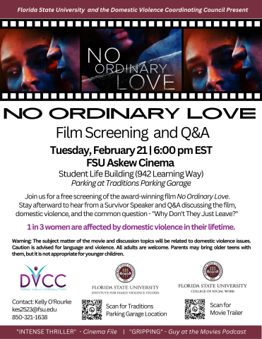No Ordinary Love FIlm Screening and Q and A on Tuesday February 21st at 6 pm flyer with images from the film of a couple's faces close up. 