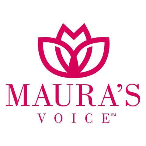 Maura's Voice logo with a graphic image of a pink flower
