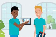 Cartoon graphic of two boys with a laptop