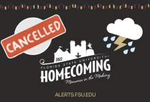 Image of 2022 FSU Homecoming logo with a graphic that says "Canceled" and an image of a cloud with raindrops and a lightning bolt.