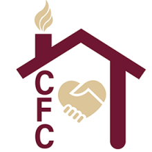 Logo for the Center for the Study and Promotion of Communities, Families, and Children with a house shape supported by the letter C, F and C with a chimney topped by a flame and a heart in the middle.