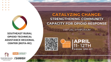 Graphic for Catalyzing Change: Strengthening Community Capacity for Opioid Response Virtual Symposium with a background photo of rural scenery 