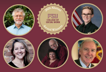 2024 FSU College of Social Work Alumni Award Winners including photos of Neil Abell, Hailey Philips Lovejoy, Machelle Madsen Thompson, Meg and John Paschal and Patrick Garvey