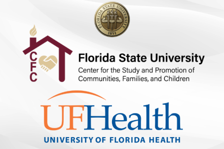 Gold FSU seal and the logo for the Center for the Study and Promotion of Communities, Families and Children with a little house and heart along with the logo for University of Florida Health