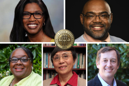 Pictures of FSU Faculty with the Florida State University seal including Sabrina Dickey, Irvin Clark, Katrina Boone, Amy Ai, and Arthur Raney.