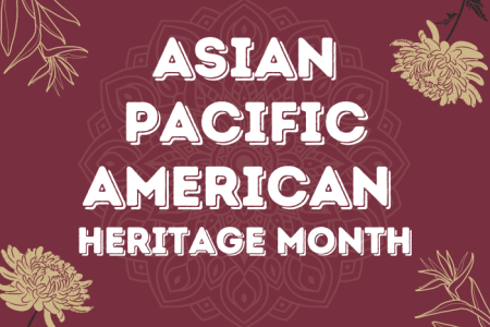 Asian Pacifica American Heritage Month graphic with the outline of a mandala and images of chrysanthemum and bird of paradise flowers.