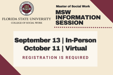 Flyer for Master of Social Work Information Sessions for the Fall 2023 semester.