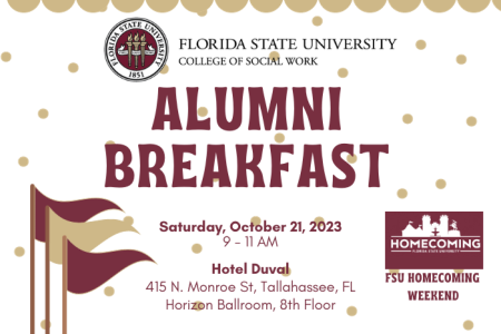 Graphic of Alumni Breakfast flyer on October 21st with flags, polka dots and a picture of the FSU Homecoming logo.