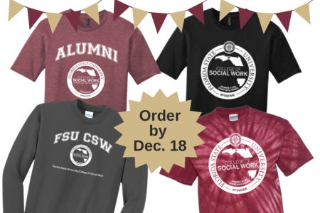 Photo of College of Social Work tee shirts and flags with a order deadline of December 18, 2023.