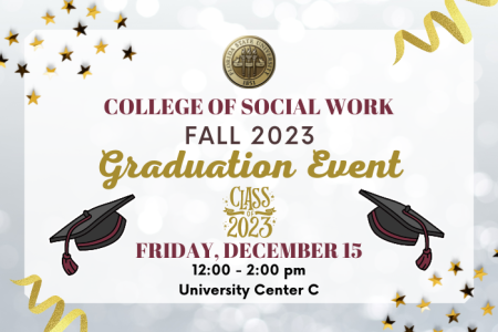 Graphic for the College of Social Work Fall Graduation Event on December 15th at 12 pm with graphics of stars, gold ribbons and mortar board graduation caps