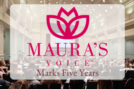 Graphic of Maura's Voice logo with pink line drawing of a flower with a picture of the 2024 Memorial event
